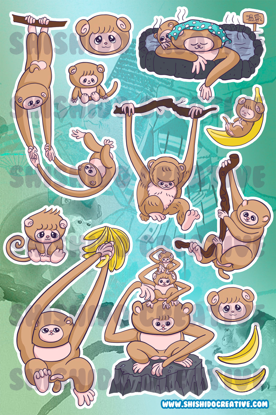 4x6 Monmo Saru Japanese Monkey • Original Character Vinyl Sticker Sheet