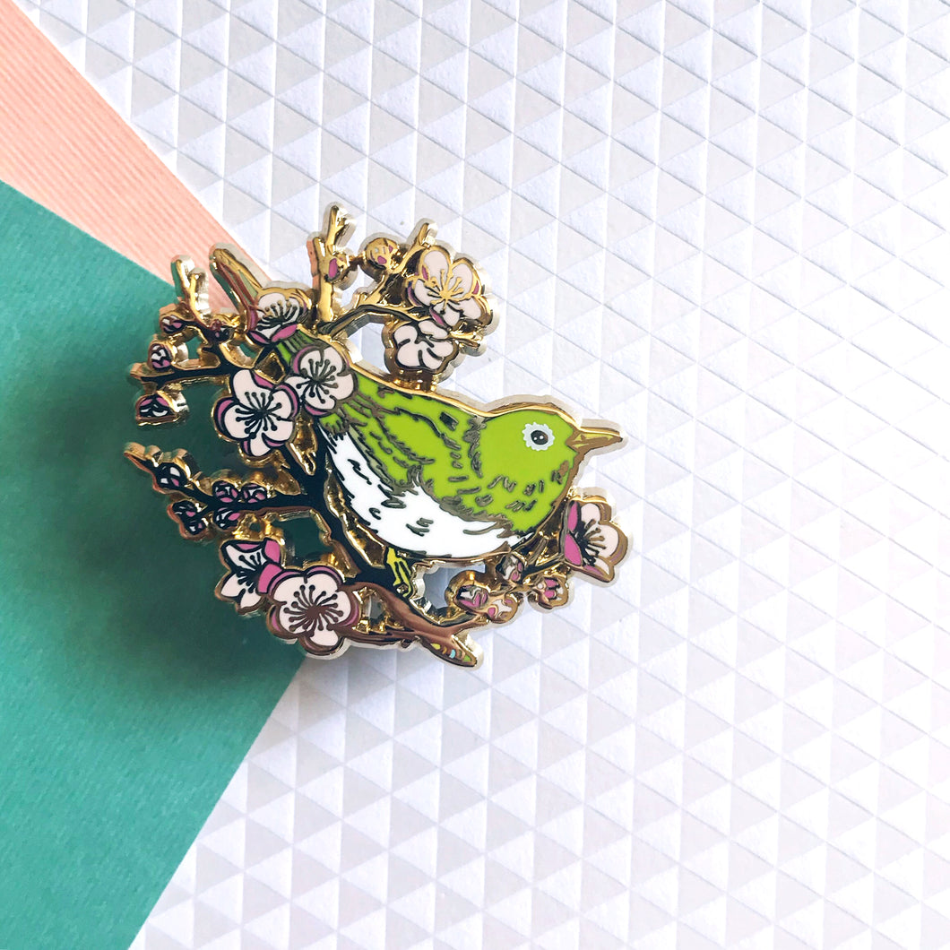 Ume to Mejiro (Plum & White-Eye) Bird Enamel Pin